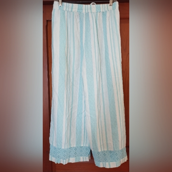NATURALS DECO TEAL BLUE & WHITE DESIGN LINEN BLEND CROPPED PANTS SZ 1X - Picture 4 of 7